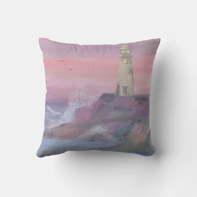 Coussin Phare de falaise côtière avec ciel rose (Verso)