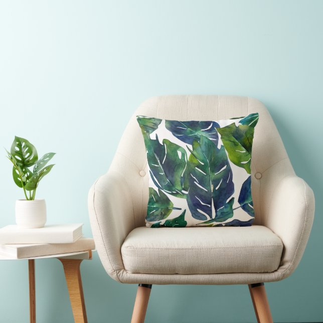 Coussin Philodendron vert et bleu du feuillage Botanique (Chaise)