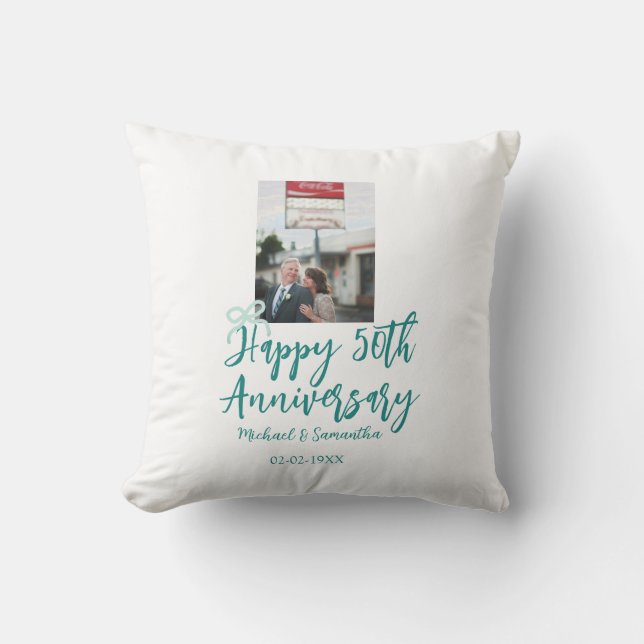 Coussin Photo 50e anniversaire de mariage ruban turquoise  (Recto)
