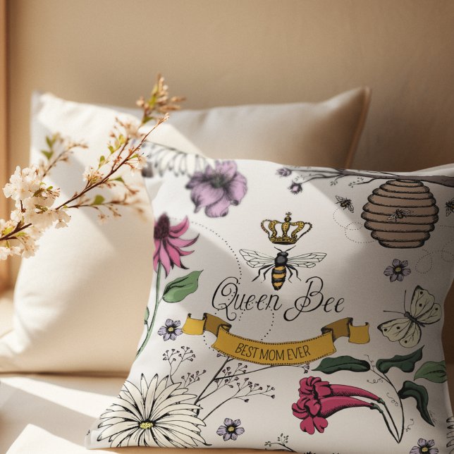 Coussin Photo avec Meilleure Maman Ever Reine Bee & Crown (Royal Queen Bee Drawing with Personalized Message in Scroll on the Front. Photo & Message on Back. )