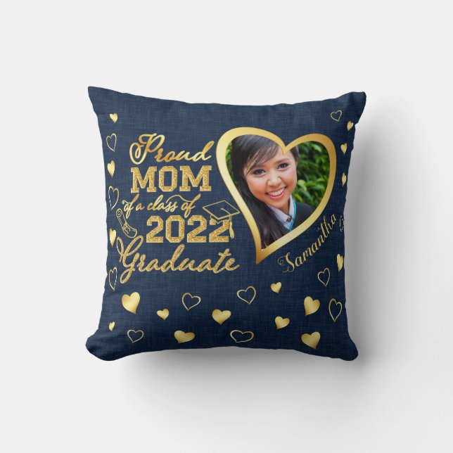 Coussin Photo Blue Gold Fière Maman d'un diplômé de 2022 (Recto)