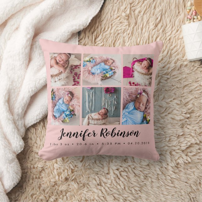 Coussin Photo Collage Blush Rose Monogrammed Birth Stat (Couverture)