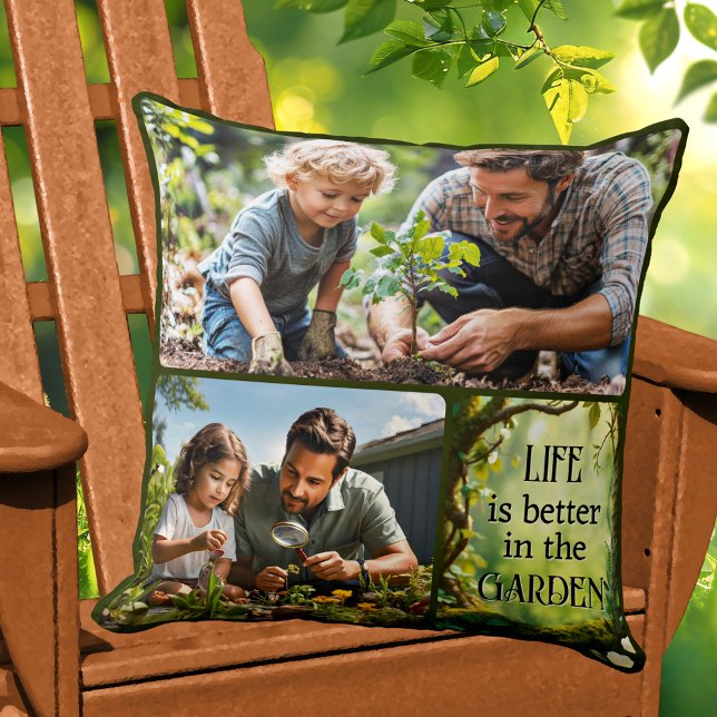 Coussin Photo Collage Fun Garden  (Pillow featuring a family photo collage with a green garden theme)