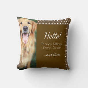 Coussin Photo de chien et nom de famille Polka Dot Brown