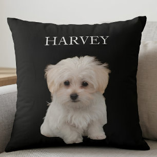 Coussin Photo de chien personnalisé et nom Noir "Harvey"