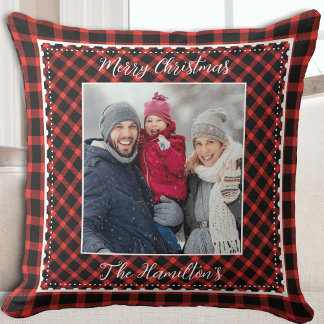 Coussin Photo de famille Noël Buffalo rouge Plaid