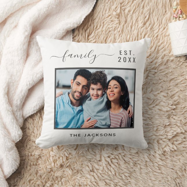Coussin Photo de famille noir blanc nom année établie (Couverture)