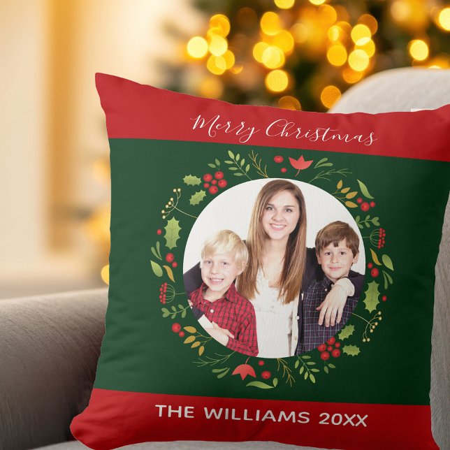 Coussin Photo de Noël personnalisée Floral Wreath Vert Rou (Créateur téléchargé)