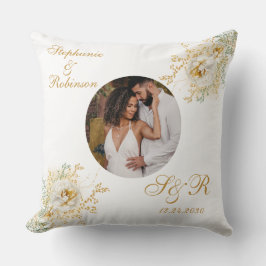 Coussin Photo Elegant Or Blanc Floral Mariage