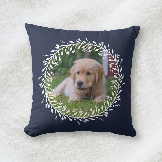 Coussin Photo Marine Blue Floral Wreath Chien chiot (Créateur téléchargé)