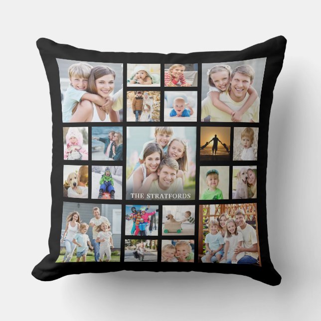 Coussin Photo moderne Collage Nom de famille ou titre noir (Recto)