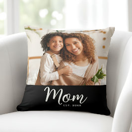 Coussin Photo Mom Established Date White Script on Black