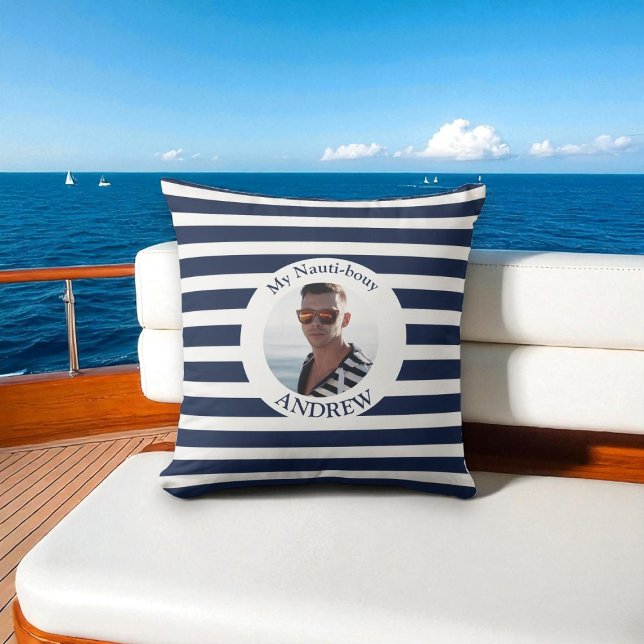 Coussin photo personnalisé Nautical Blue Stripe (Créateur téléchargé)