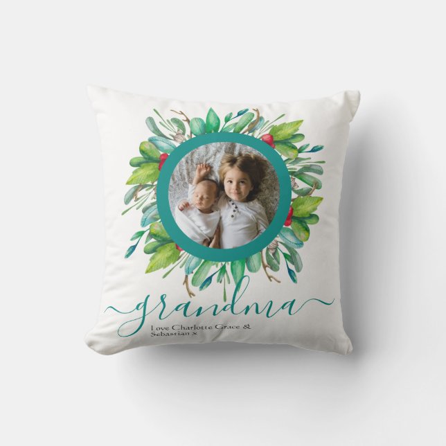 Coussin Photo personnalisée de la couronne verte de Noël (Recto)