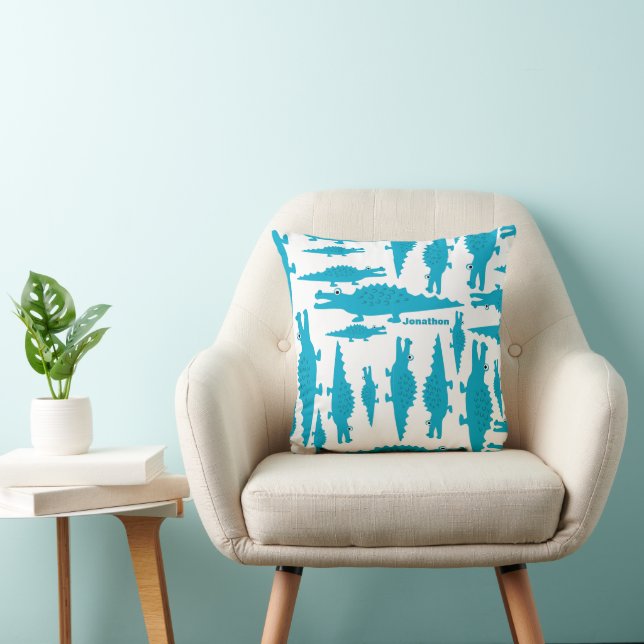 Coussin Pièce de garçon personnalisée Blue Aqua Alligator (Chaise)