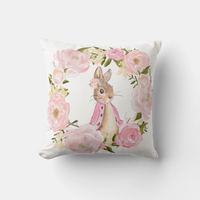 Coussin Pièce florale rose de crèche de bébé de lapin (Recto)