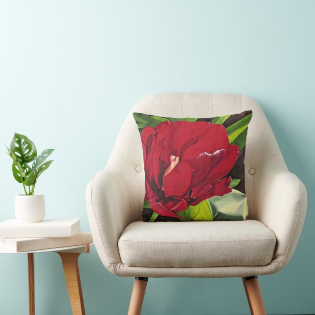 Coussin Pierre rouge fleur avec feuilles verts, carré (Chaise)