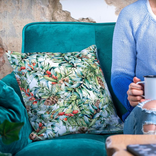 Coussin Pine Cones Winter Berries Festif Fête Floral (Créateur téléchargé)