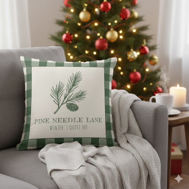 Coussin Pine Needle Lane-Pinecone Print & Gingham Border (Créateur téléchargé)