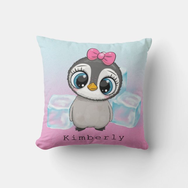 Coussin Pingouin aux yeux gros avec Bow rose personnalisé (Recto)