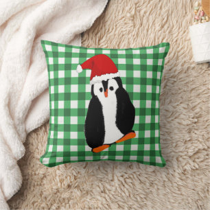 Coussin Pingouin de Noël En vichy vert et salutation