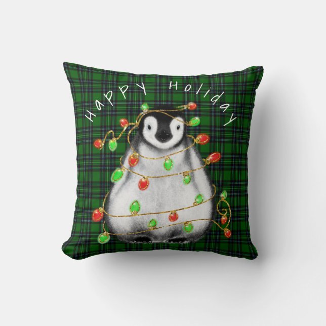 Coussin Pingouin festif de vacances, lumières rouge scinti (Recto)