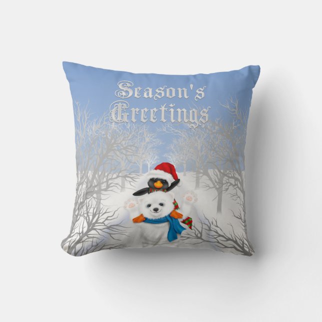 Coussin Pingouin Joyeuses Fêtes et bleu ours polaire (Recto)