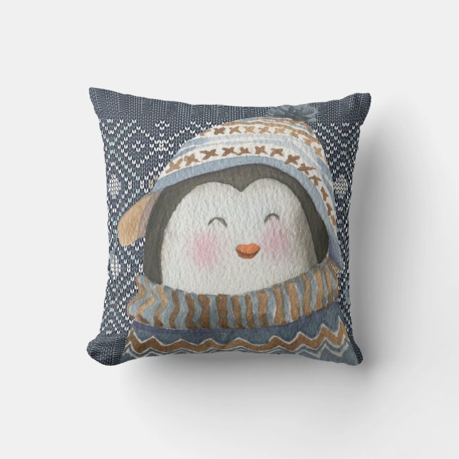 Coussin Pingouin mignon sur Motif Knit d'hiver confortable (Recto)