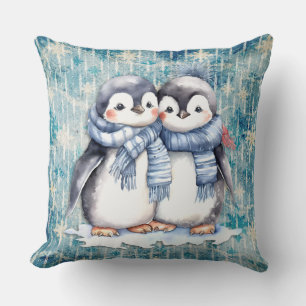 Coussin Pingouins D'Aquarelle Bleu D'Hiver Avec Écharpes