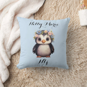 Coussin Pingouins mignons aux fleurs Nom & Monogramme Bleu