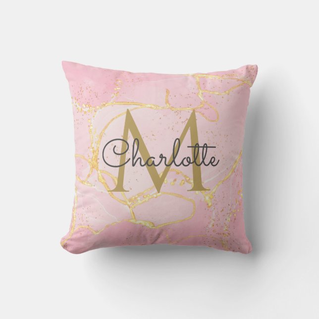Coussin Pink Agate Geode Gold Monogramme Élégant Script (Recto)