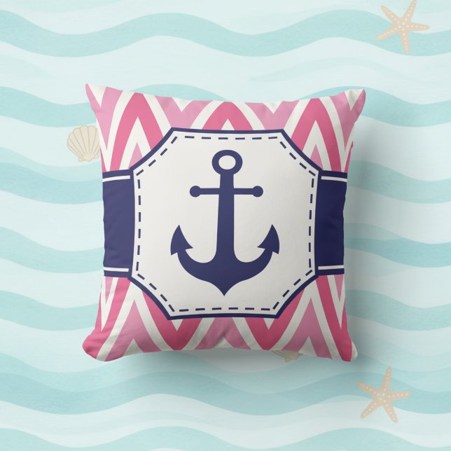 Coussin Pink and Navy Anchor Throw Pillow (Pink chevron and navy blue anchor decorative throw pillow.)