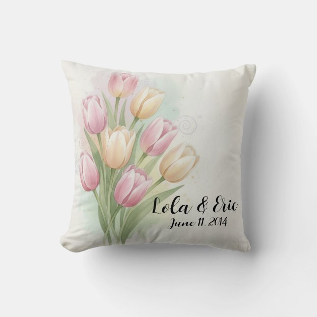 Coussin Pink and Yellow Tulip Flower Bouquet Anniversary (Recto)