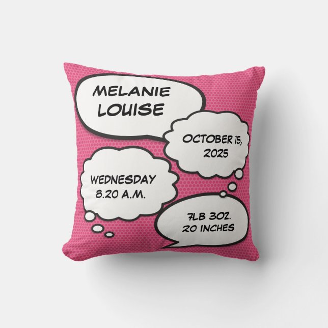 Coussin Pink Baby Girl Birth Stats Fun Comic Book Keepsaké (Recto)