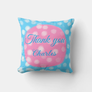 Coussin Pink bleu ciel blanc pois merci ajouter nom