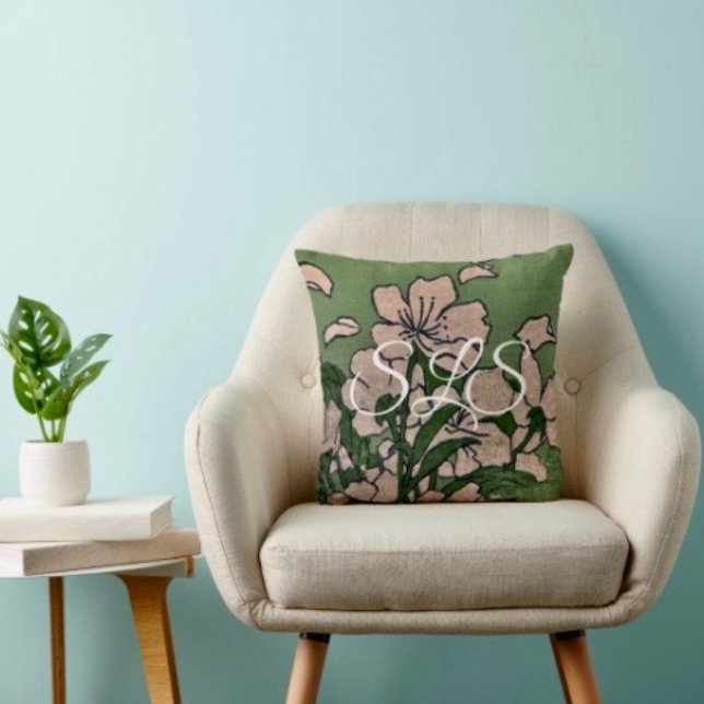 Coussin Pink Blossom Green Throw Pillow (Sophisticated monogramed throw pillow with an elegant floral design. 
)