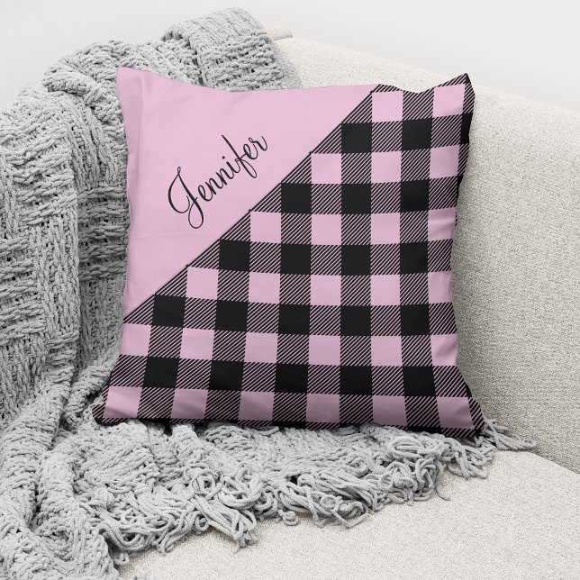 Coussin Pink Buffalo Plaid Check Motif Nom personnalisé (Créateur téléchargé)