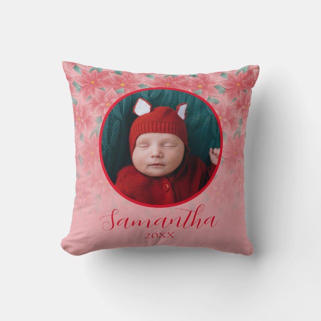 Coussin Pink Christmas Poinsettia Personnalisé Baby Photo (Recto)