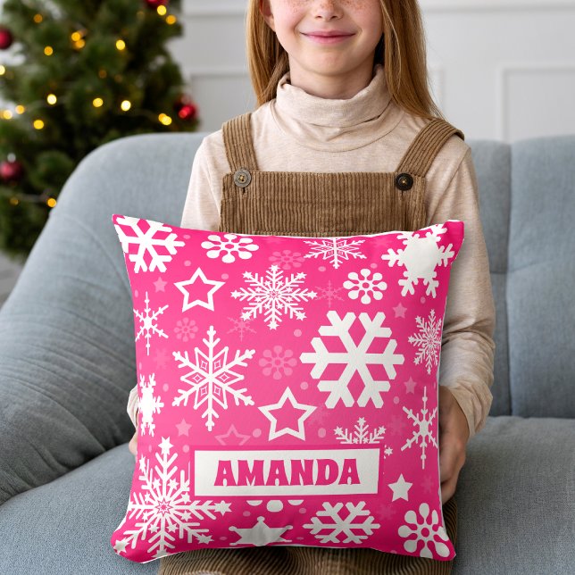 Coussin Pink Christmas Snowflakes Motif Kids Nom (Créateur téléchargé)
