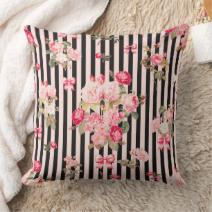 Coussin Pink Coquette Bow Roses Vintages Black Stripes