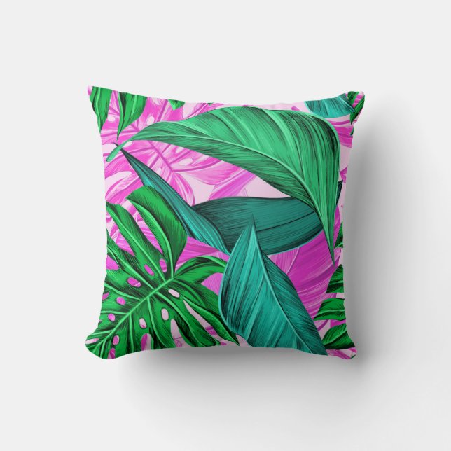 Coussin Pink et Feuilles verts tropicaux (Recto)