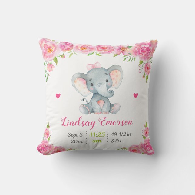 Coussin Pink Floral Girl Nursery Baby shower Cadeau Elépha (Recto)