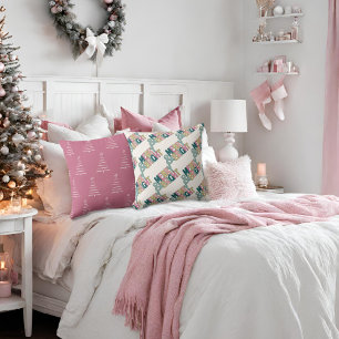 Coussin Pink Green Gold Merry & Bright Snowflakes & Trees