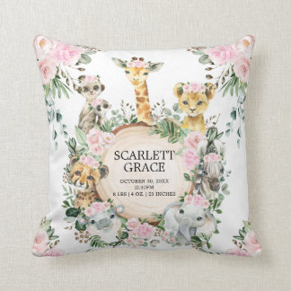 Coussin Pink Jungle Safari Animal Birth Statistiques Girl 