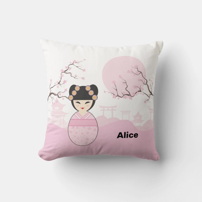 Coussin Pink Kokeshi Doll Typical Japanese Landscape (Recto)