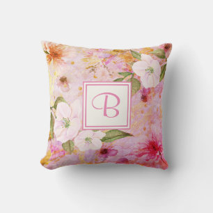 Coussin Pink monogramme script aquarelle florale vintage