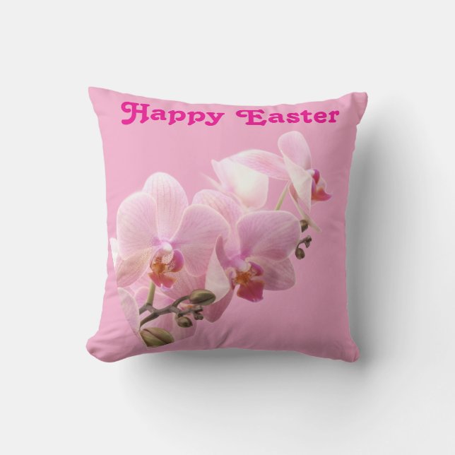 Coussin Pink Orchids “Happy Easter” Throw Pillow (Recto)
