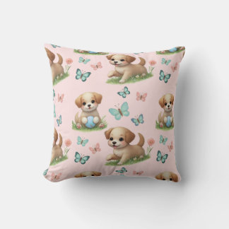 Coussin Pink Puppies and Butterflies Watercolor