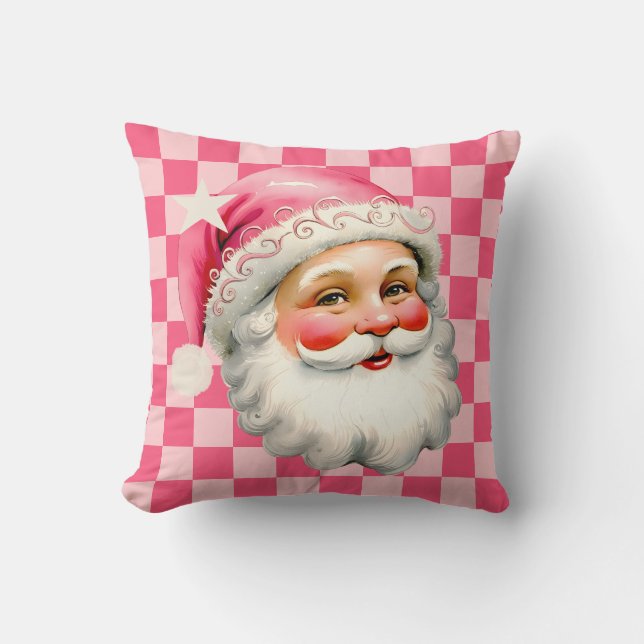 Coussin Pink Retro Santa Claus Pink Tartan Plaid Noël (Recto)