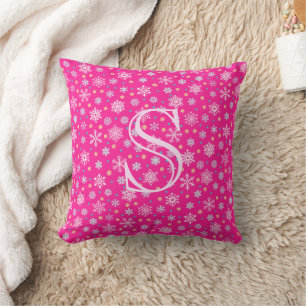 Coussin Pink Snowflakes Hot rose moderne élégant Monogramm